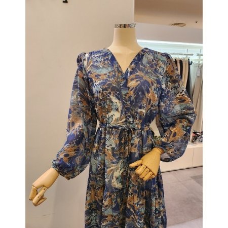 브이넥 스트링 프린트 원피스