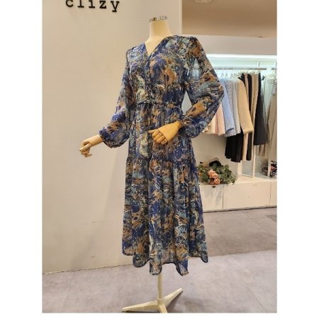 브이넥 스트링 프린트 원피스