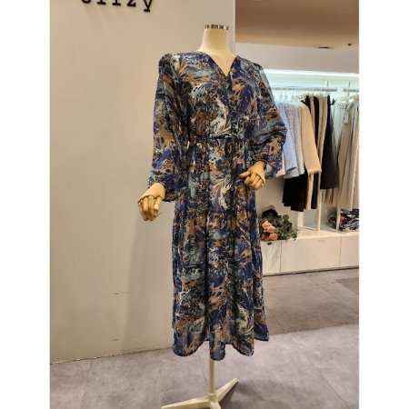 브이넥 스트링 프린트 원피스