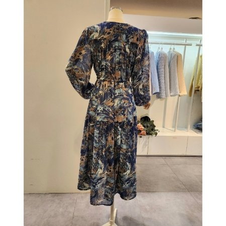 브이넥 스트링 프린트 원피스