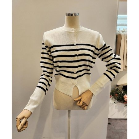 스트라이프 라운드넥 가디건