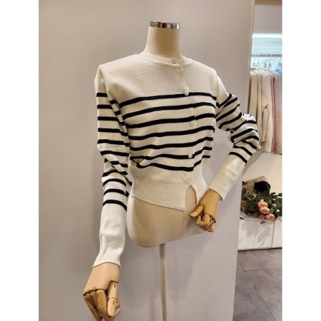 스트라이프 라운드넥 가디건