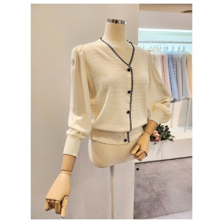 시폰 소매 브이넥 니트