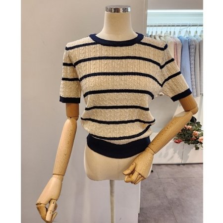 배색 스트라이프 반팔 니트