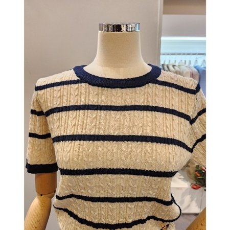 배색 스트라이프 반팔 니트