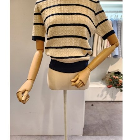 배색 스트라이프 반팔 니트