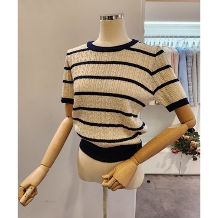 배색 스트라이프 반팔 니트