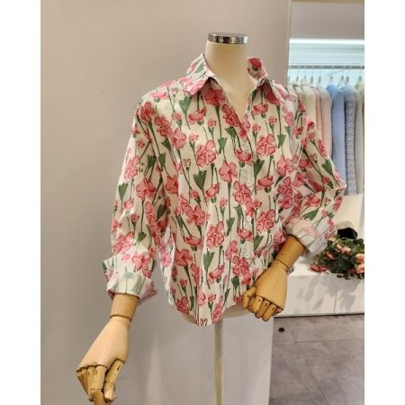 핑크 플라워 카라 셔츠