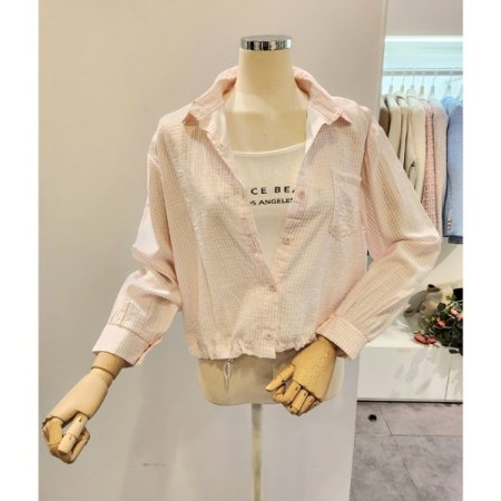 체크 셔츠 레터링 탑 세트