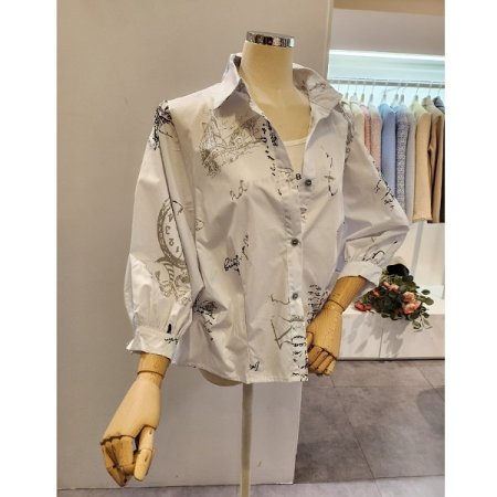 프린트 핀턱 카라 셔츠