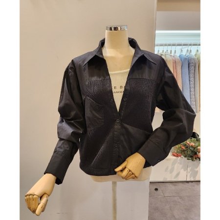 뒷 사선 니트배색 셔츠