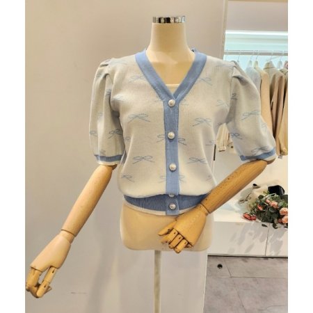 리본 브이넥 퍼프 가디건