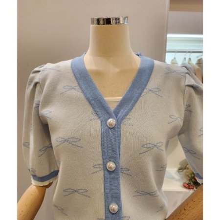 리본 브이넥 퍼프 가디건