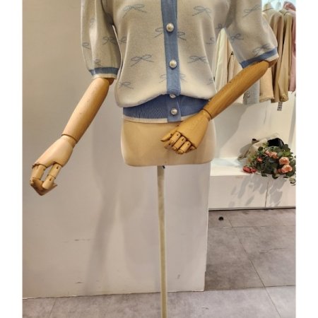 리본 브이넥 퍼프 가디건