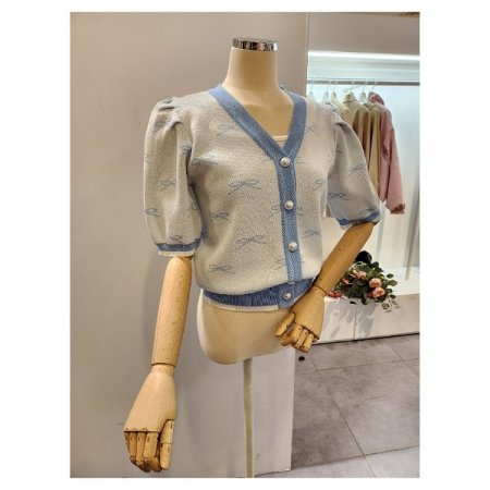 리본 브이넥 퍼프 가디건