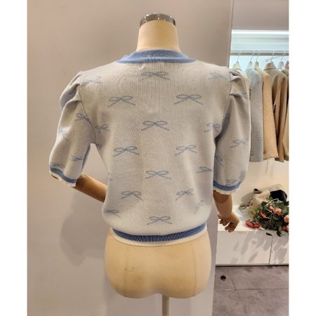 리본 브이넥 퍼프 가디건