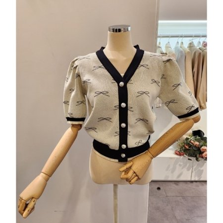 리본 브이넥 퍼프 가디건