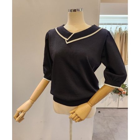 넥 배색 5부소매 니트