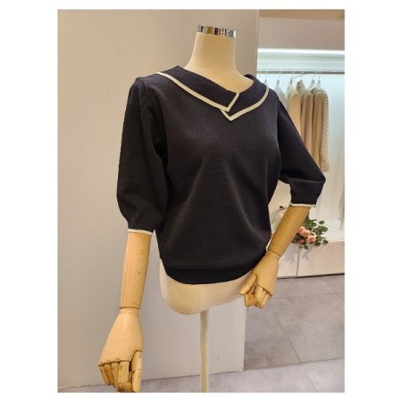 넥 배색 5부소매 니트