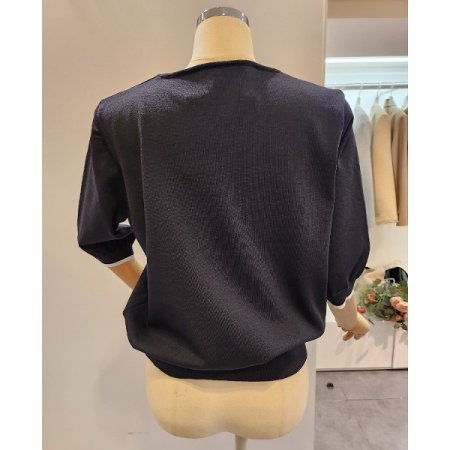 넥 배색 5부소매 니트