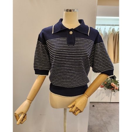 카라 줄무늬 5부소매 니트