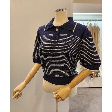 카라 줄무늬 5부소매 니트