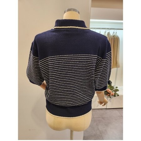 카라 줄무늬 5부소매 니트