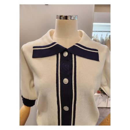 배색 카라 은장 가디건