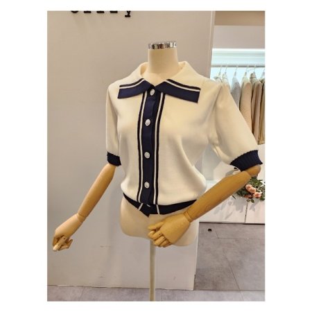 배색 카라 은장 가디건