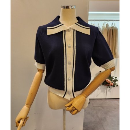 배색 카라 은장 가디건