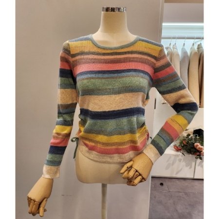 양 셔링 컬러 라운드넥 니트