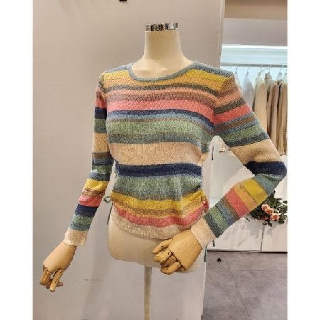 양 셔링 컬러 라운드넥 니트