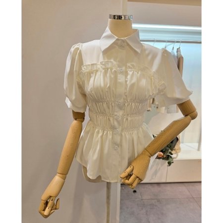 스모크 셔링 반팔 블라우스