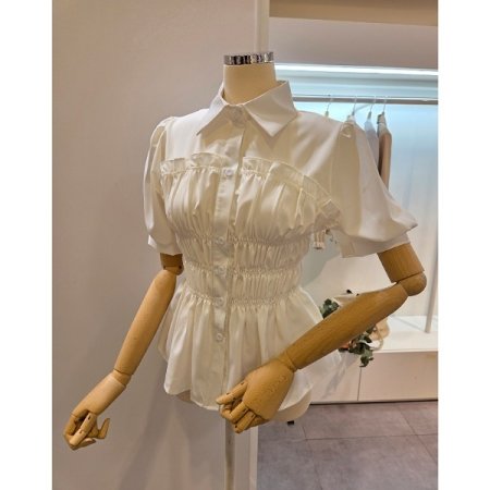 스모크 셔링 반팔 블라우스