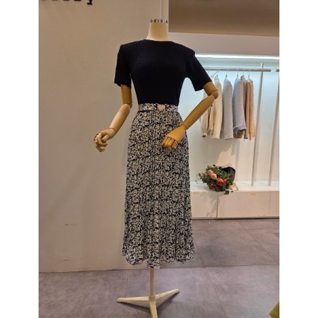 니트 배색 벨티드 롱 원피스