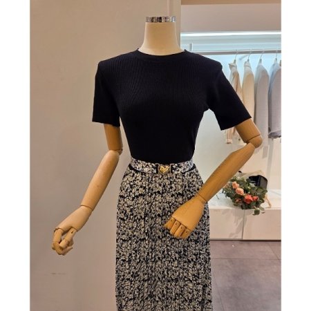 니트 배색 벨티드 롱 원피스