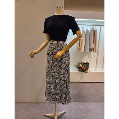 니트 배색 벨티드 롱 원피스