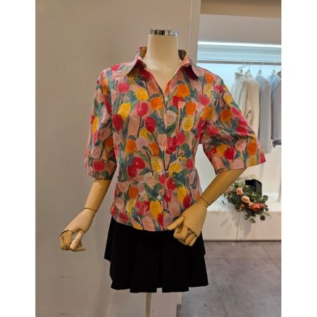 컬러 프린트 5부소매 셔츠