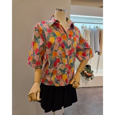 컬러 프린트 5부소매 셔츠