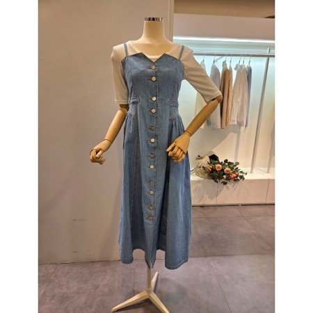 뒷 스모크 청 끈 원피스