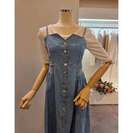 뒷 스모크 청 끈 원피스