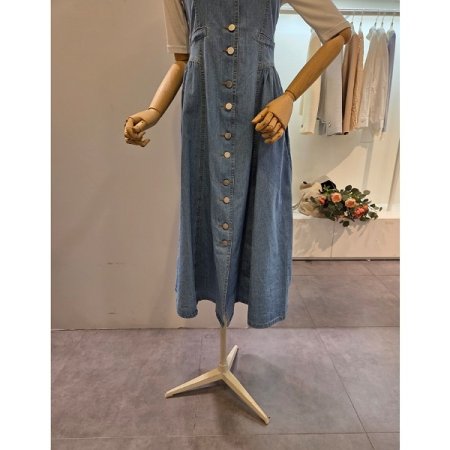 뒷 스모크 청 끈 원피스