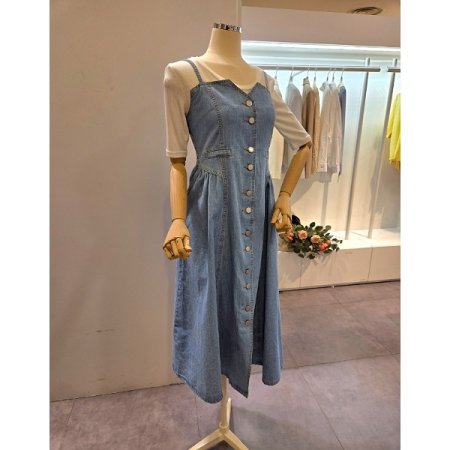 뒷 스모크 청 끈 원피스