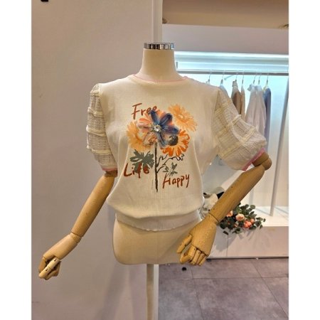 소매배색 플라워 프린트 니트