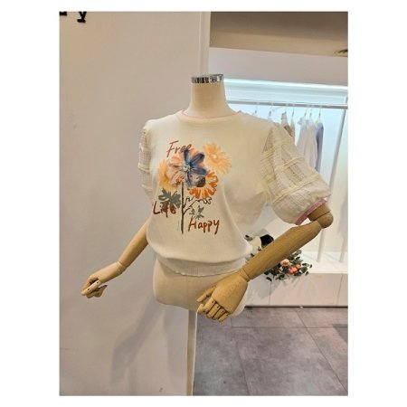 소매배색 플라워 프린트 니트