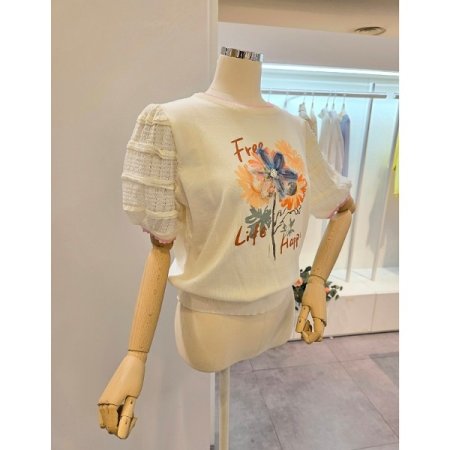 소매배색 플라워 프린트 니트