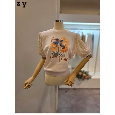 소매배색 플라워 프린트 니트