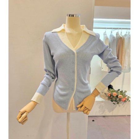 카라 배색 슬림 가디건