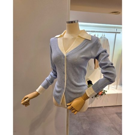 카라 배색 슬림 가디건