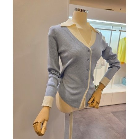 카라 배색 슬림 가디건